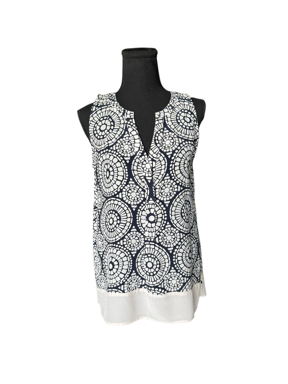 Sleeveless Navy and White Mosaic Print Tunic Top Coastal Resortwear Nautical